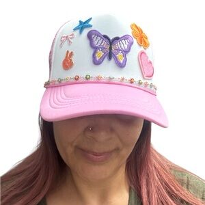 Pink and White Adult Trucker Hat with Butterfly and Flower Accents